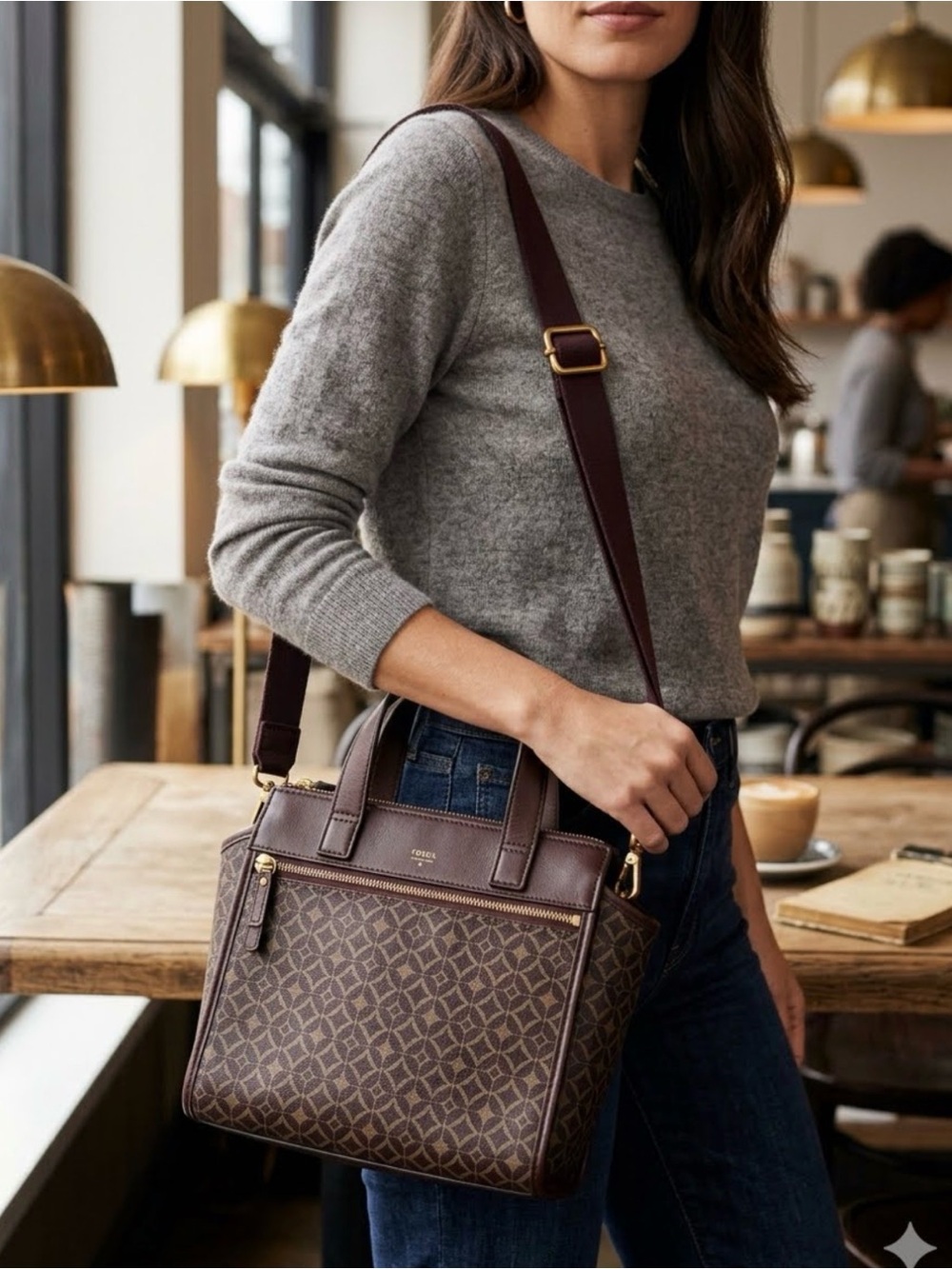 Fossil Tessa Satchel Signature Diamond Geometric Pattern Brown Crossbody Bag